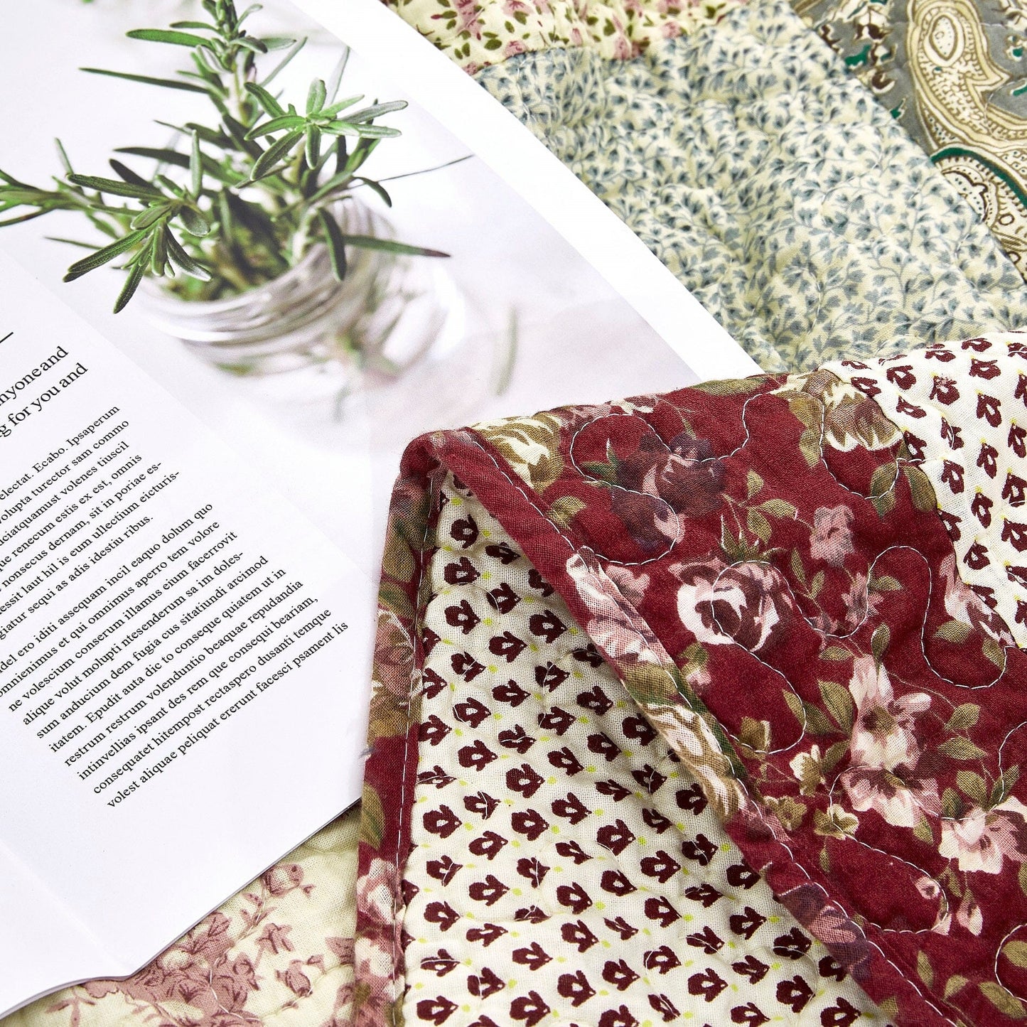 Tache Fairy Tale Tea Party Beige Burgundy Paisley Floral Cotton Patchwork Quilted Throw Blanket (DXJ103443)-4