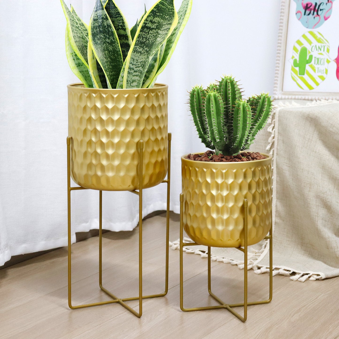 2 Set of 17&12 " Tall Planters With Stand (Gold)-4