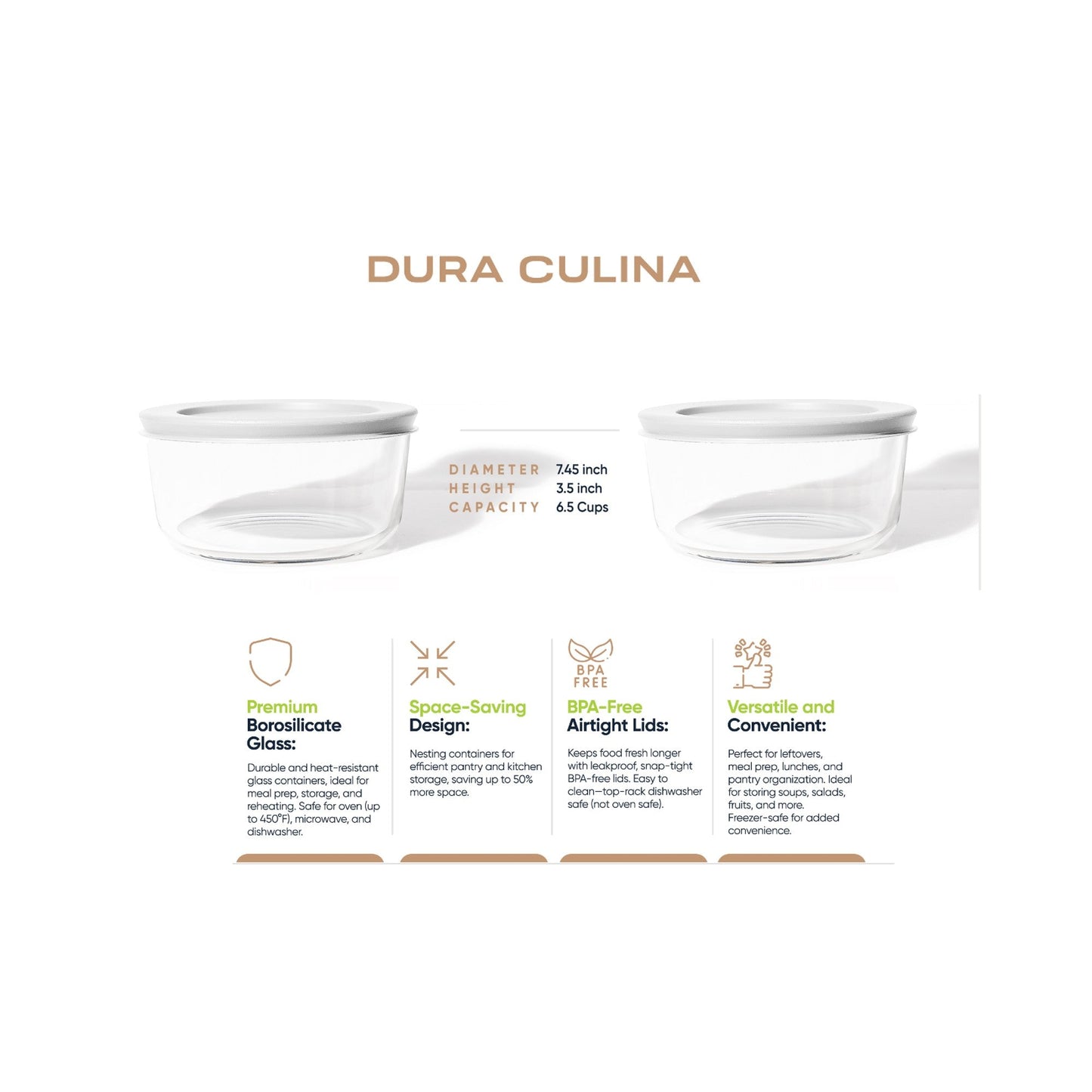 8 Piece Set (6.55 Cup / 52.4Oz) Round Glass Storage Containers With Lids, White-1
