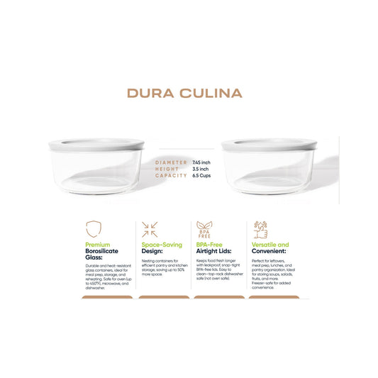 8 Piece Set (6.55 Cup / 52.4Oz) Round Glass Storage Containers With Lids, White-1