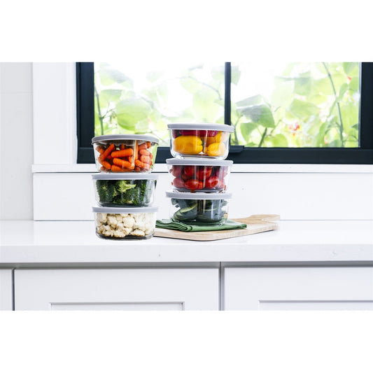 12 Piece Set (2 Cup / 16Oz) Round Glass Storage Containers With Lids, Grey-1
