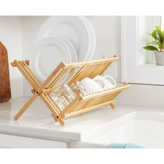 Bamboo Dish Drying Rack - 2-Tier Foldable Dish Rack for Kitchen Counter-1