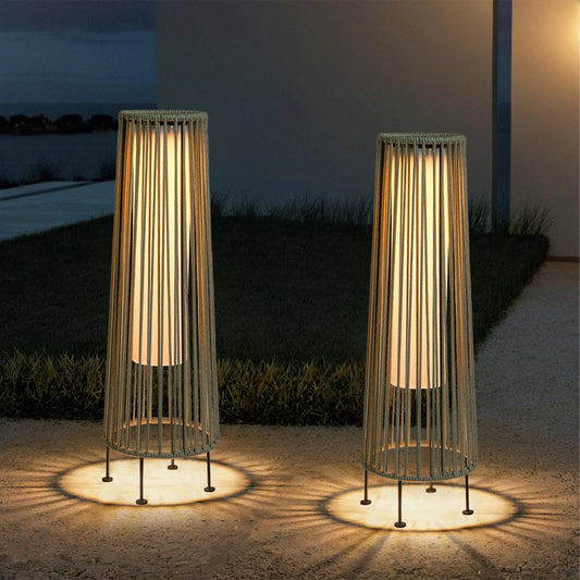 2 Piece Solar Powered Lantern Wicker Solar Patio Lamp Grey-1