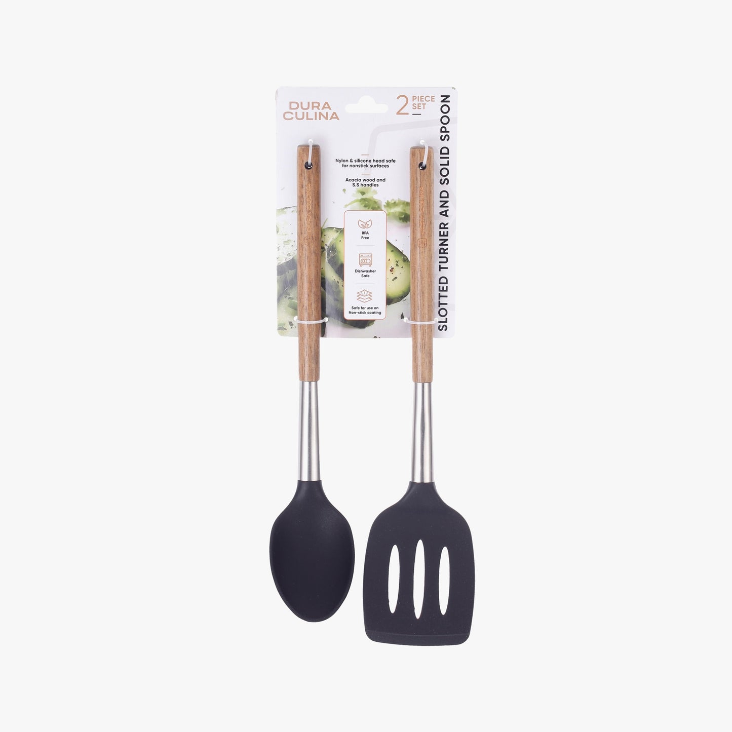 2-Piece Solid Spoon & Slotted Turner Set - Acacia Wood & Stainless Steel Handles, Silicone Heads, Non-Stick Safe, Black-0