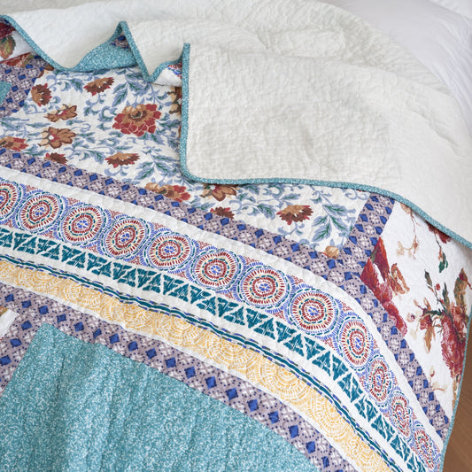 Tache Old World Garden Pastel Blue Yellow Red Hummingbirds Cotton Patchwork Quilt Set (JHW-936)-1