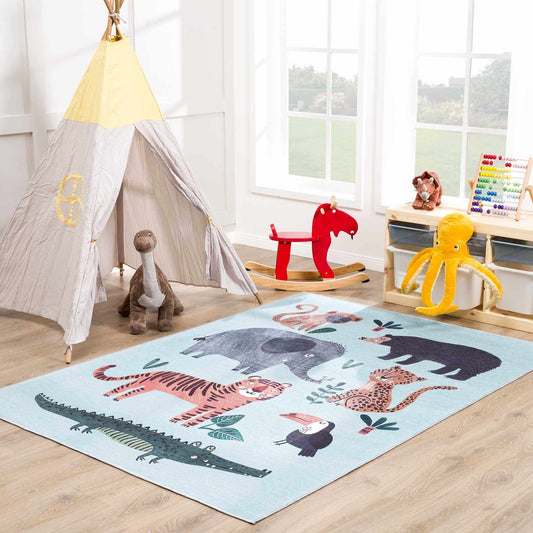 Petey Blue Animal Print Washable Kids Rug - Clearance-1