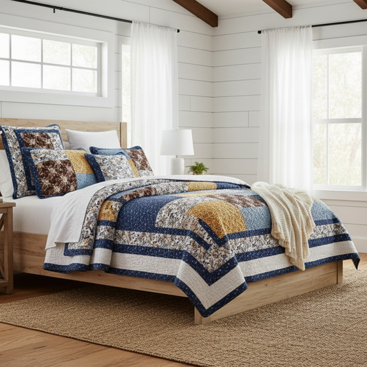 Tache Prairie Sunset White Blue Yellow Brown Floral Cotton Patchwork Quilt Set (JHW-887)-1