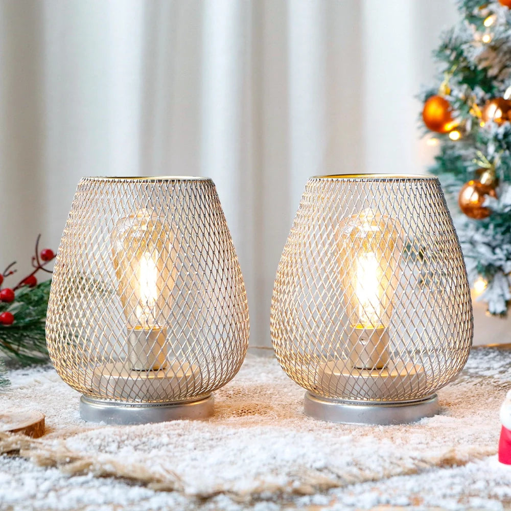 Set of 2-6.7"H Metal Cage LED Lantern(Silver)-4