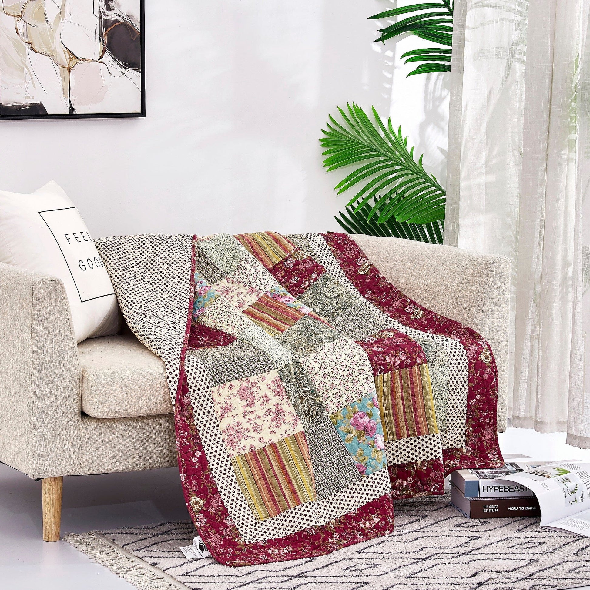 Tache Fairy Tale Tea Party Beige Burgundy Paisley Floral Cotton Patchwork Quilted Throw Blanket (DXJ103443)-3