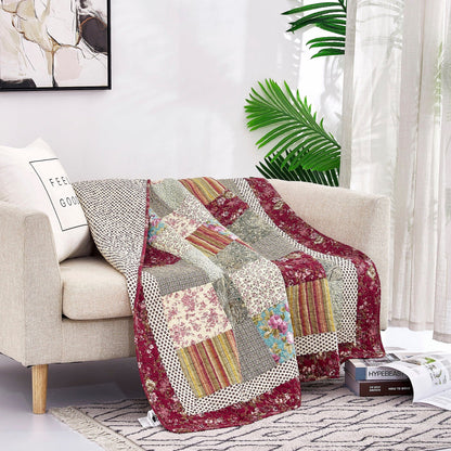 Tache Fairy Tale Tea Party Beige Burgundy Paisley Floral Cotton Patchwork Quilted Throw Blanket (DXJ103443)-3