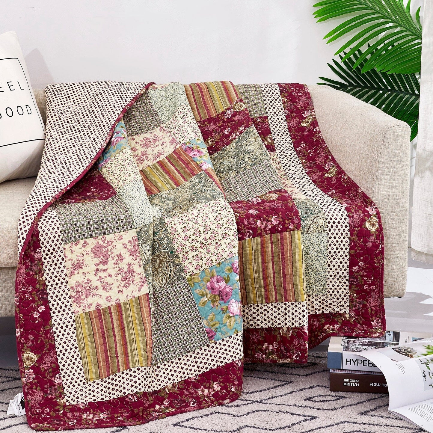 Tache Fairy Tale Tea Party Beige Burgundy Paisley Floral Cotton Patchwork Quilted Throw Blanket (DXJ103443)-0