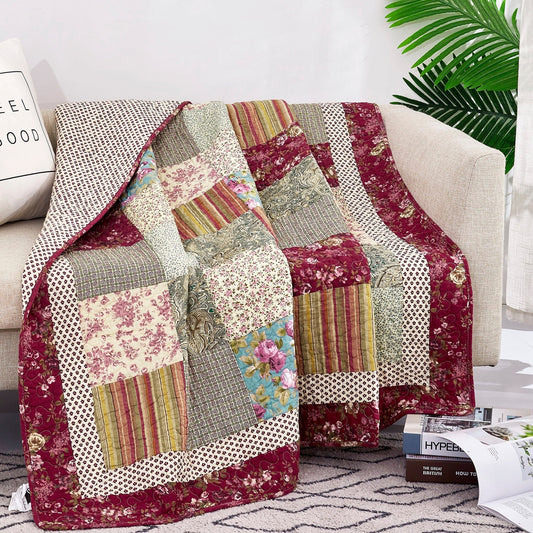 Tache Fairy Tale Tea Party Beige Burgundy Paisley Floral Cotton Patchwork Quilted Throw Blanket (DXJ103443)-0