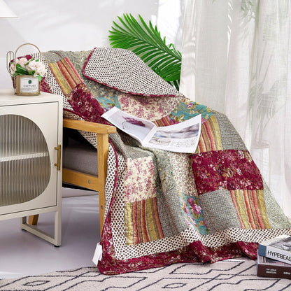 Tache Fairy Tale Tea Party Beige Burgundy Paisley Floral Cotton Patchwork Quilted Throw Blanket (DXJ103443)-1