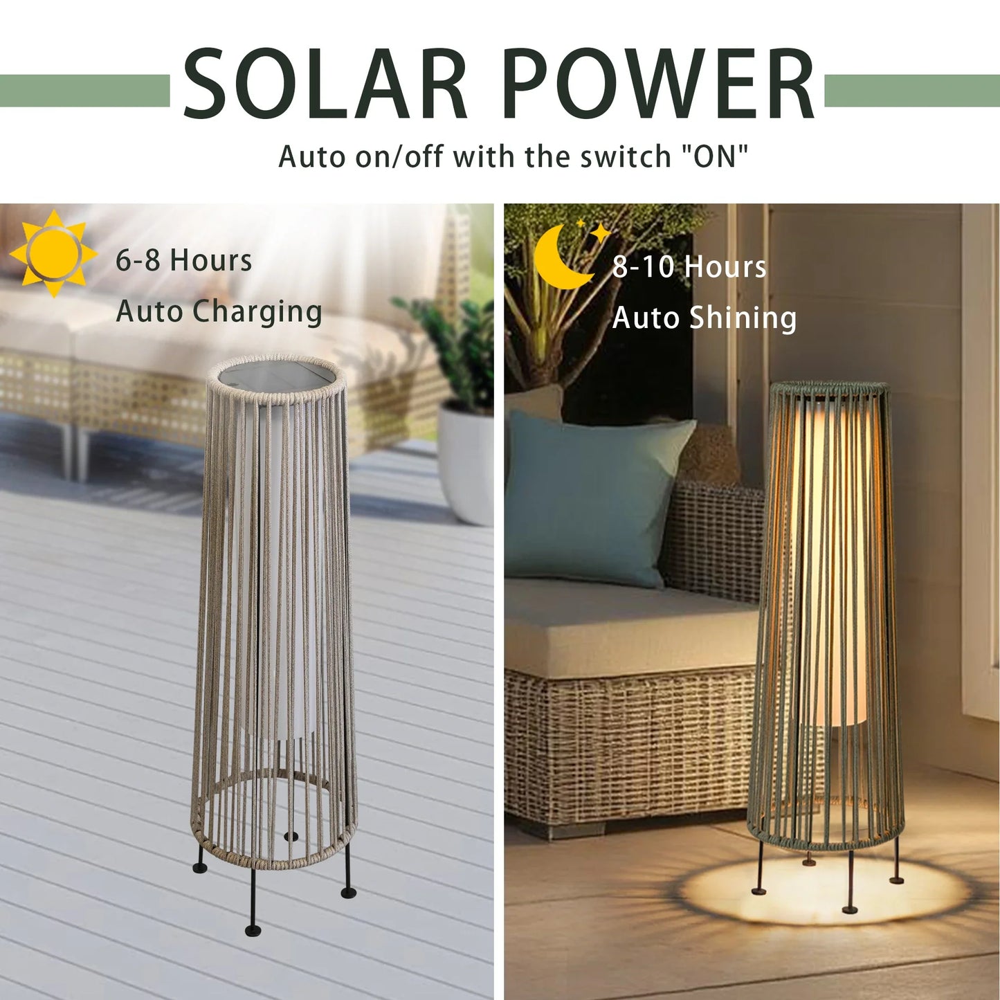 2 Piece Solar Powered Lantern Wicker Solar Patio Lamp Grey-3