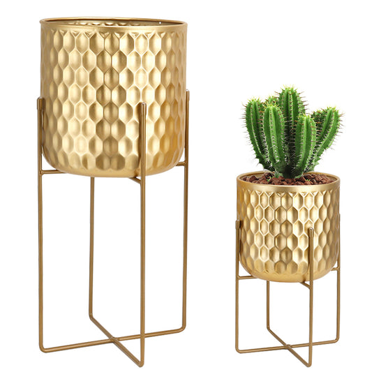 2 Set of 17&12 " Tall  Planters With Stand (Gold)-1