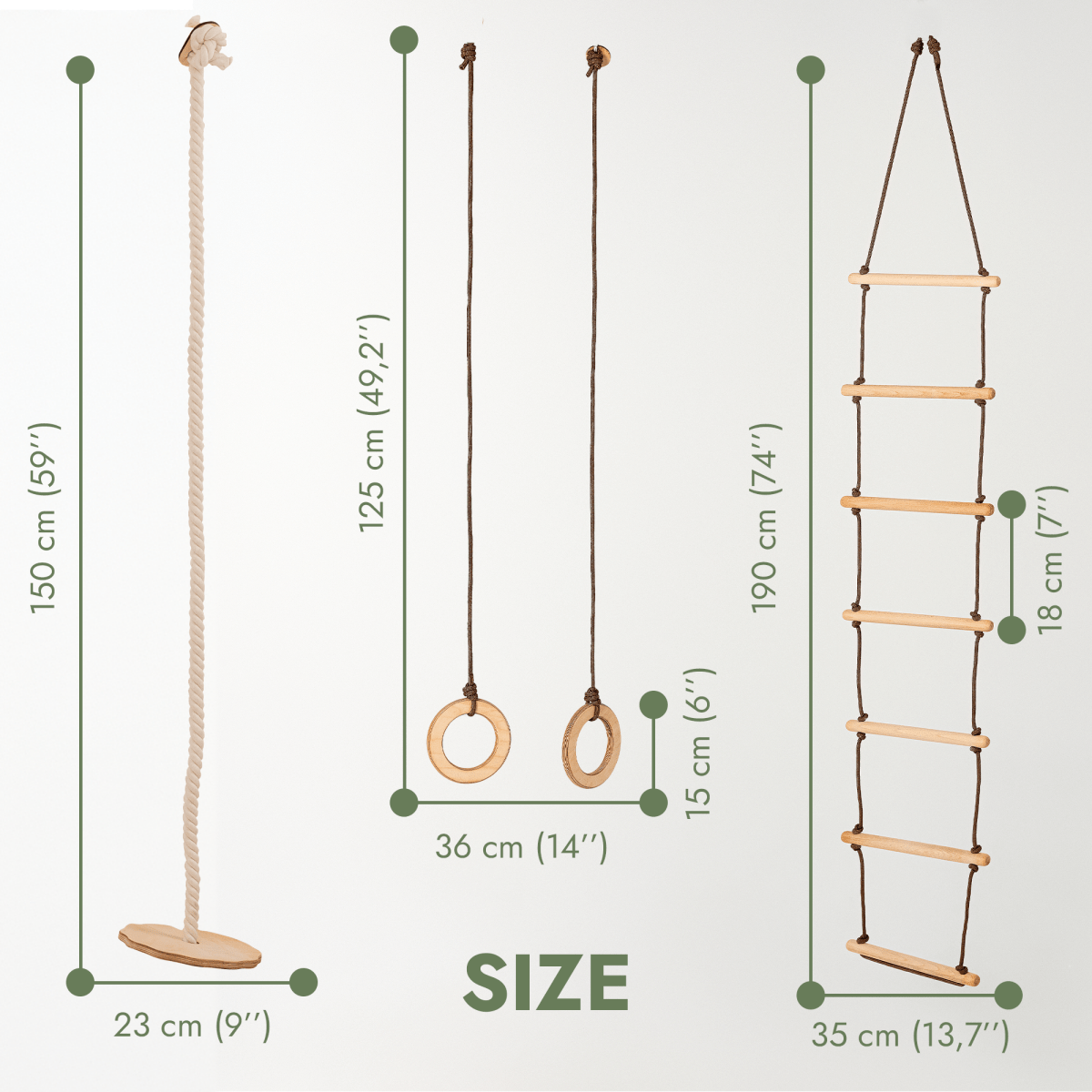 3in1 Swing & Climbing Set: Rope Ladder, Gym Rings & Disc Swing-1