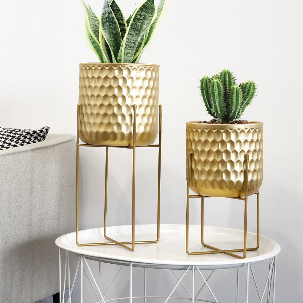 2 Set of 17&12 " Tall  Planters With Stand (Gold)-2