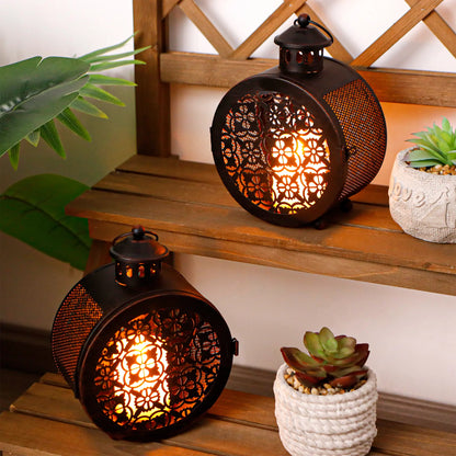 Set of 2 Round Vintage Metal Candle Lanterns 7.5" H-2