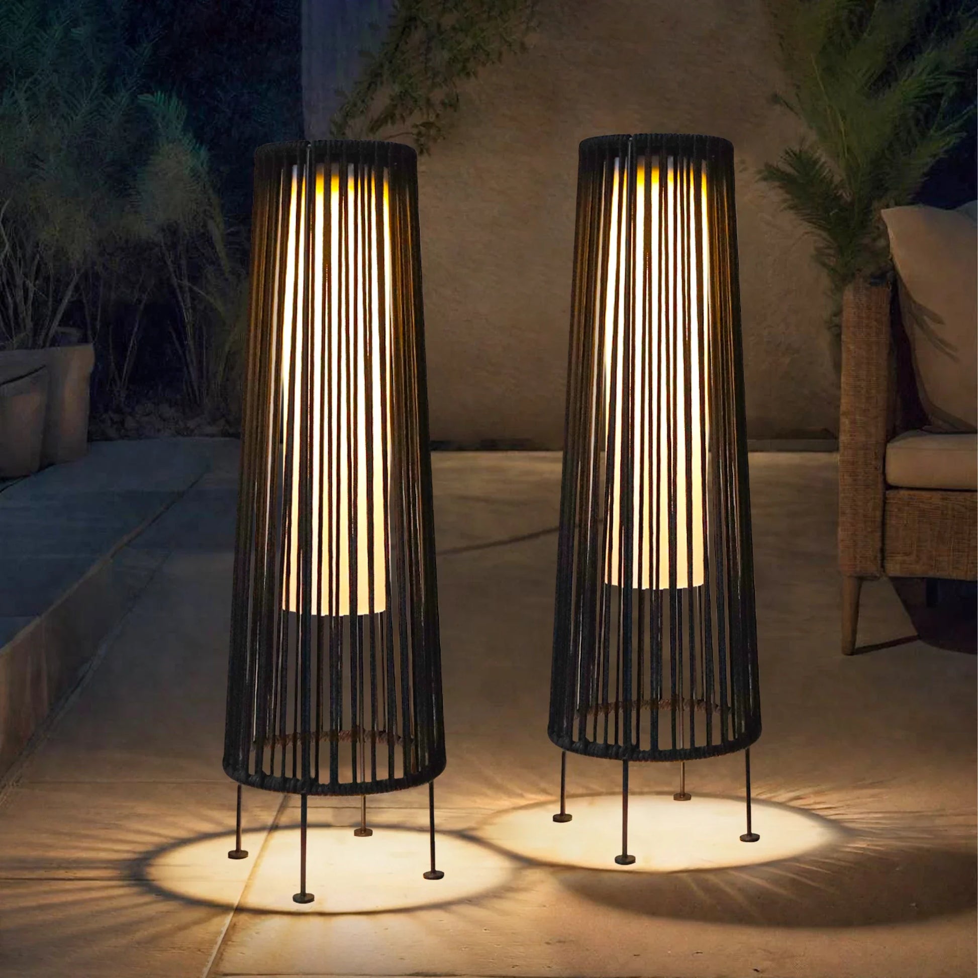 2 Piece Solar Powered Lantern Wicker Solar Patio Lamp Black-1