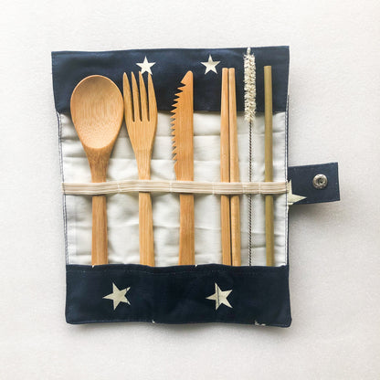 Bamboo Cutlery Set | Zero Waste Reusable | Washable Organic Cotton Travel Pouch & Hemp Cleaning Brush-3