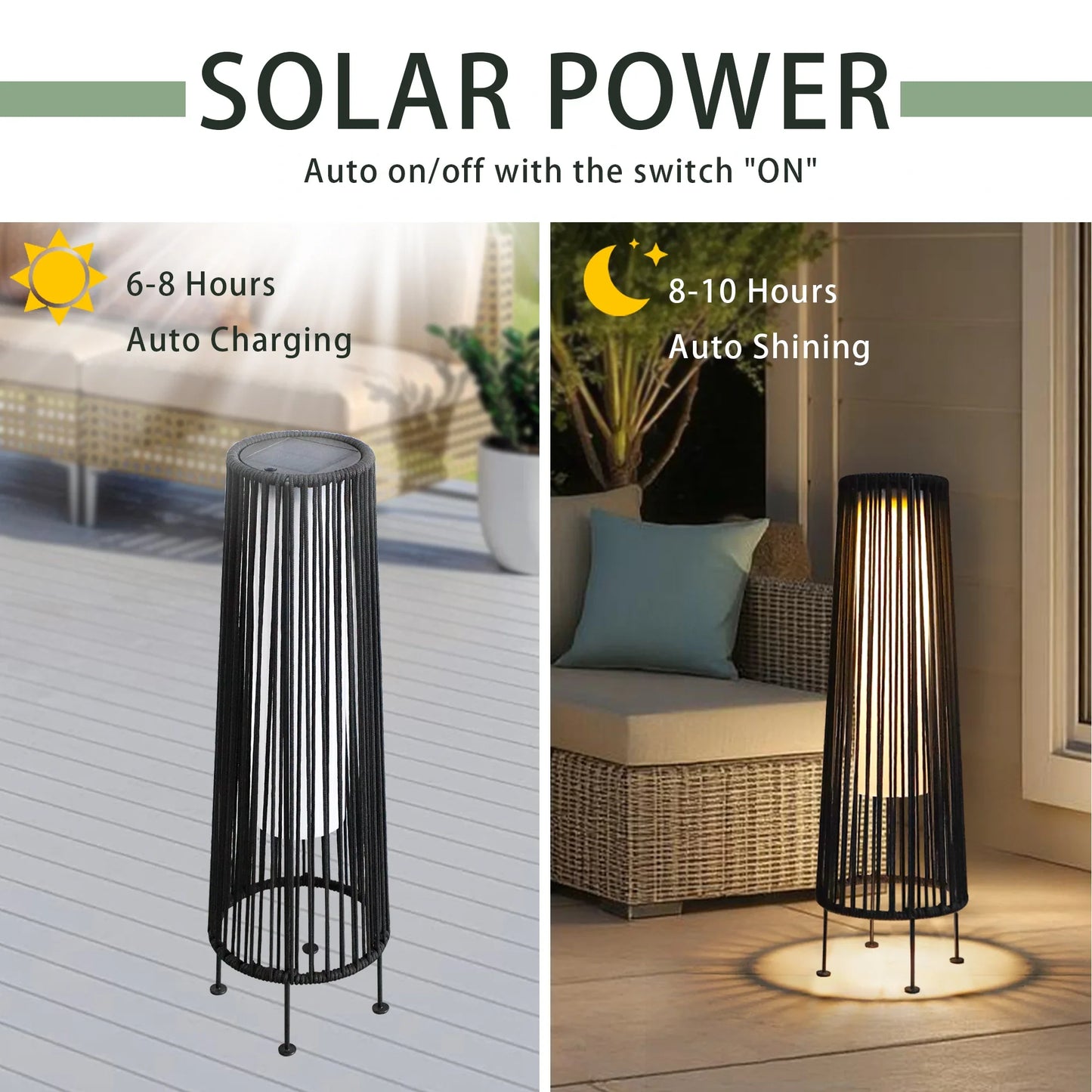 2 Piece Solar Powered Lantern Wicker Solar Patio Lamp Black-3
