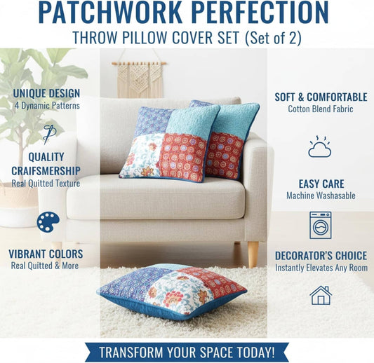 DaDa Bedding Set of 2-Pieces Bohemian Vibes Patchwork Floral Throw Pillow Covers, 18" x 18" (JHW878)-1
