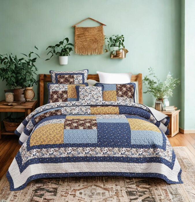 Tache Prairie Sunset White Blue Yellow Brown Floral Cotton Patchwork Quilt Set (JHW-887)-0