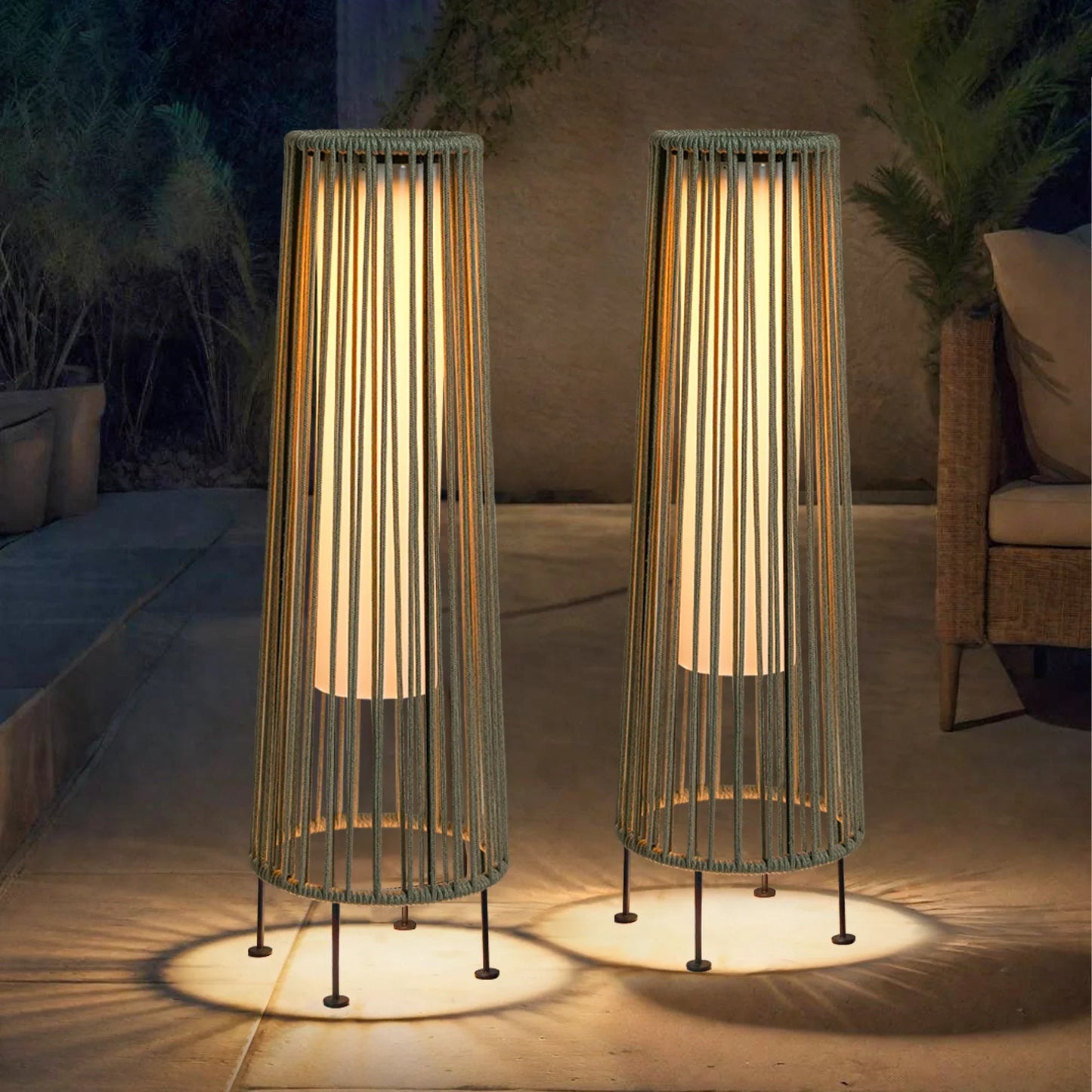 2 Piece Solar Powered Lantern Wicker Solar Patio Lamp Grey-0