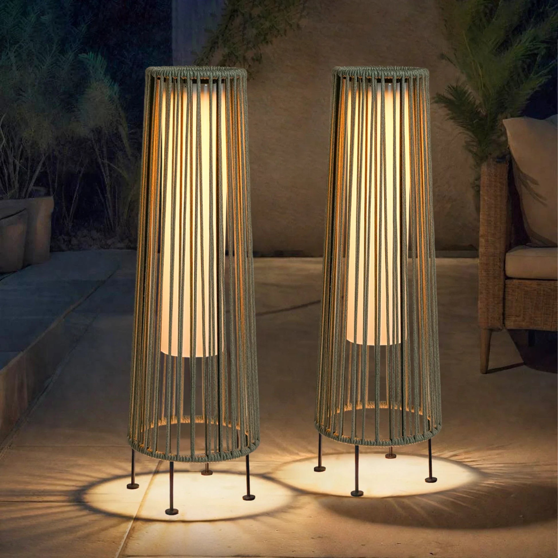 2 Piece Solar Powered Lantern Wicker Solar Patio Lamp Grey-0