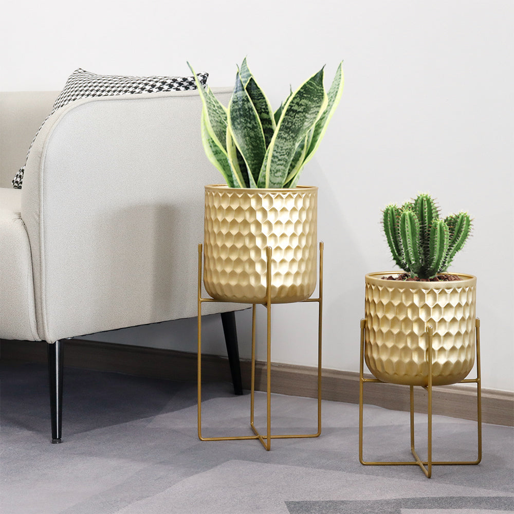 2 Set of 17&12 " Tall  Planters With Stand (Gold)-0