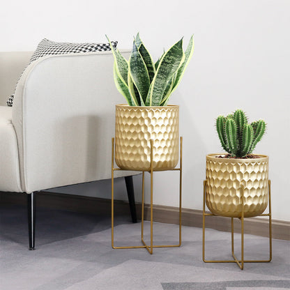 2 Set of 17&12 " Tall  Planters With Stand (Gold)-0
