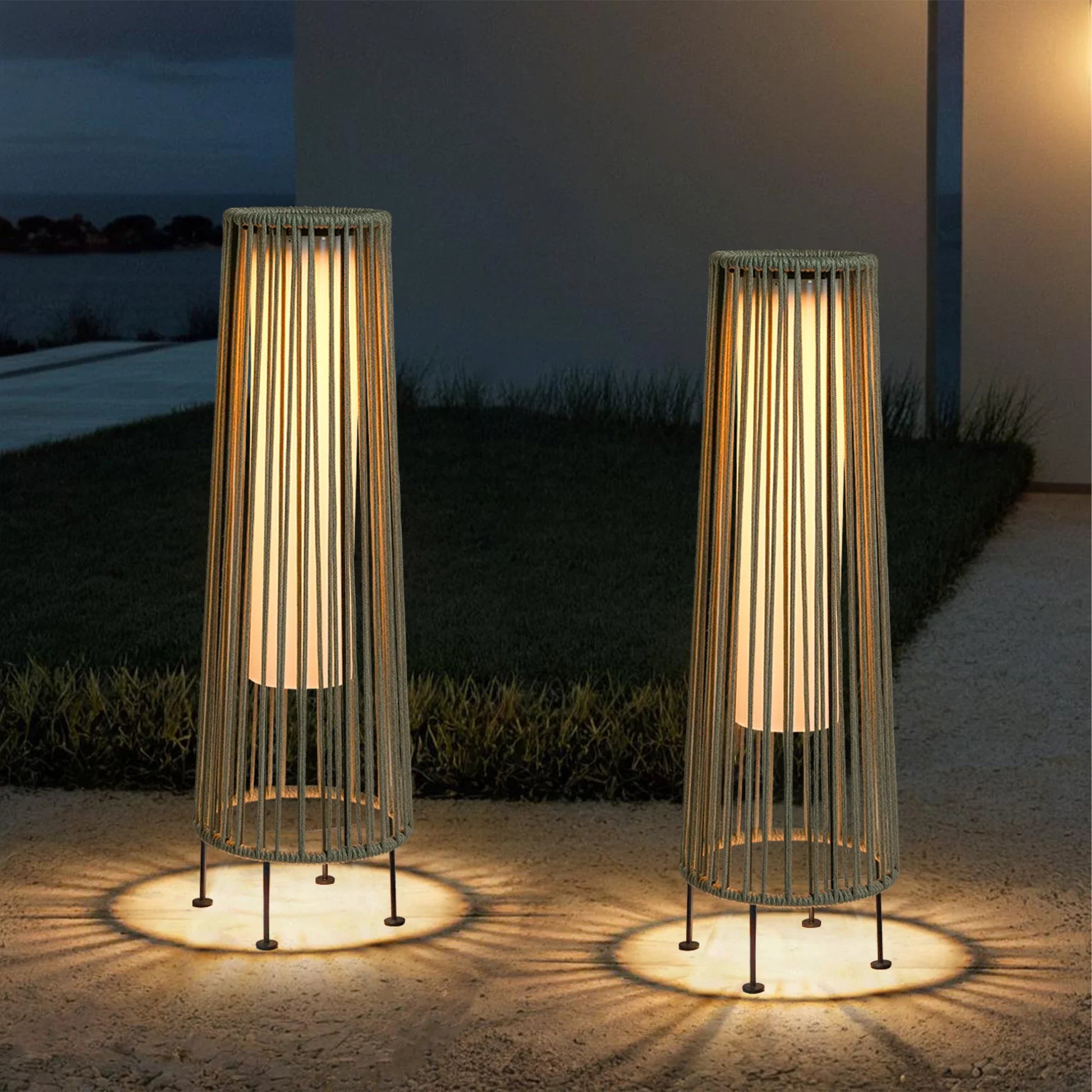 2 Piece Solar Powered Lantern Wicker Solar Patio Lamp Grey-1