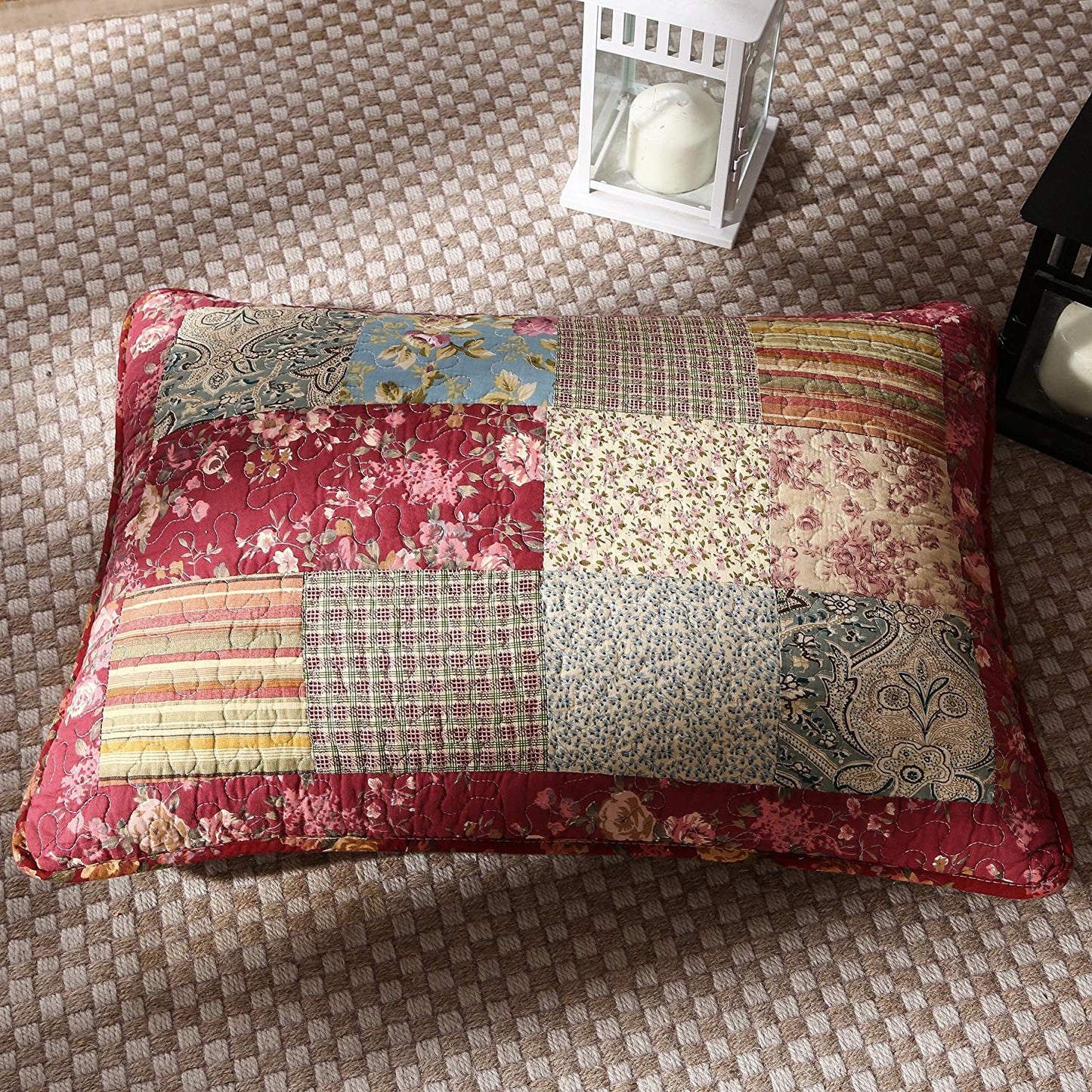 Tache Cotton Patchwork Beige Burgundy Paisley Floral Fairy Tale Tea Party Pillow Sham (DXJ103443)-1