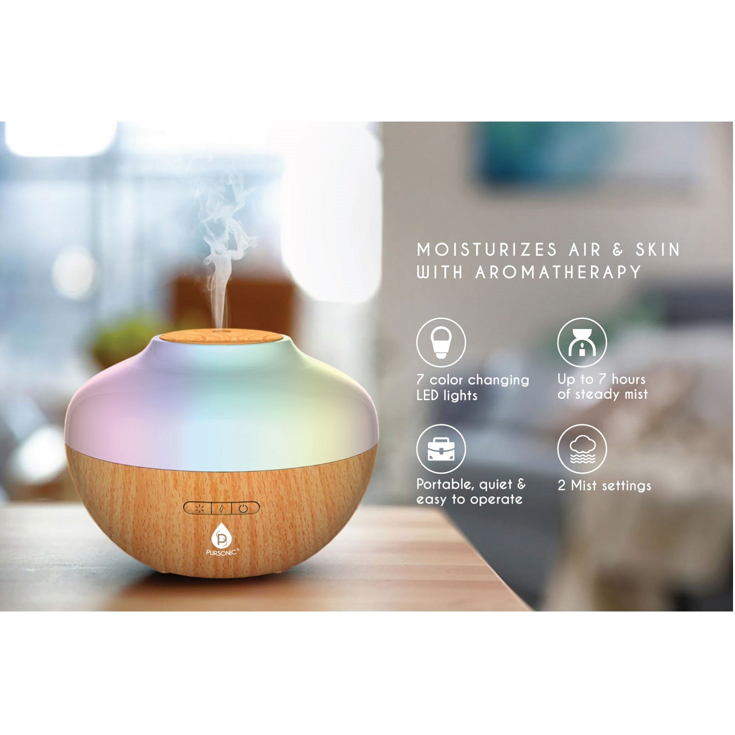 Pursonic Aromatherapy Diffuser & Essential Oil Set-Ultrasonic Top 3 Oils-300ml with 2 Mist Settings 7 Ambient Light Settings-3