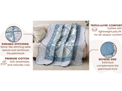Tache Petal Dance White Blue Floral Vintage Garden Scalloped Cotton Patchwork Quilted Throw Blanket (JHW-646)-3
