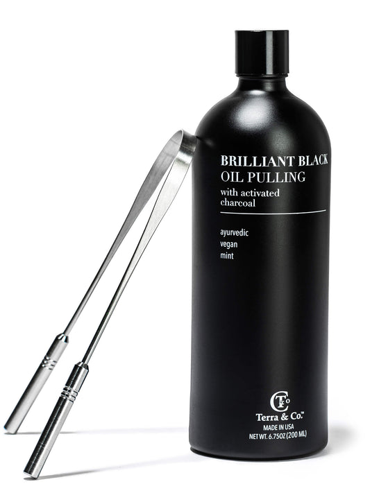 Black Botanical Oral Care Set – Charcoal (2-Piece Set, Oil Pulling & Tongue Scraper)