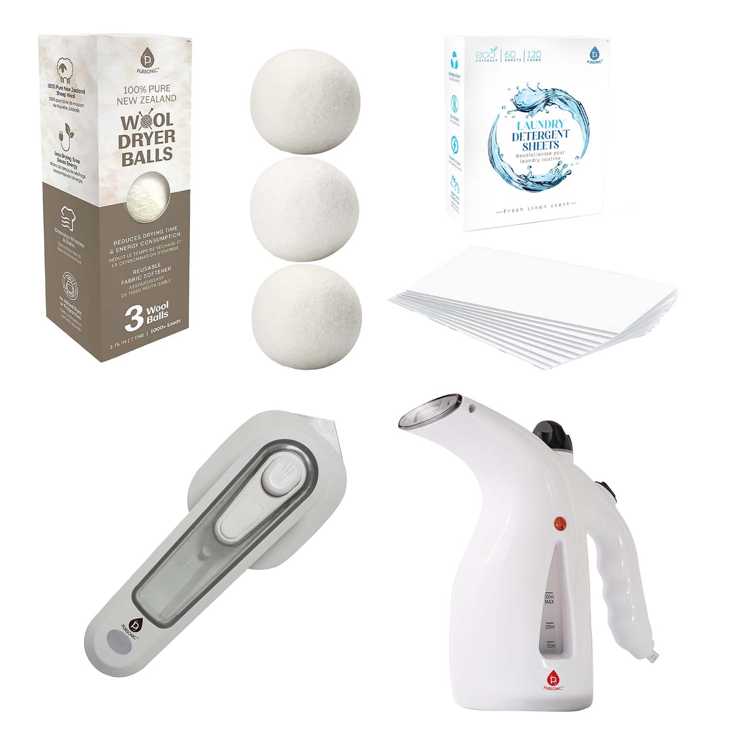 Travel Laundry Essentials Set: Garment Steamer, Mini Iron, Eco-Friendly Laundry Sheets, and Wool Dryer Balls-0