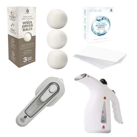 Travel Laundry Essentials Set: Garment Steamer, Mini Iron, Eco-Friendly Laundry Sheets, and Wool Dryer Balls-0