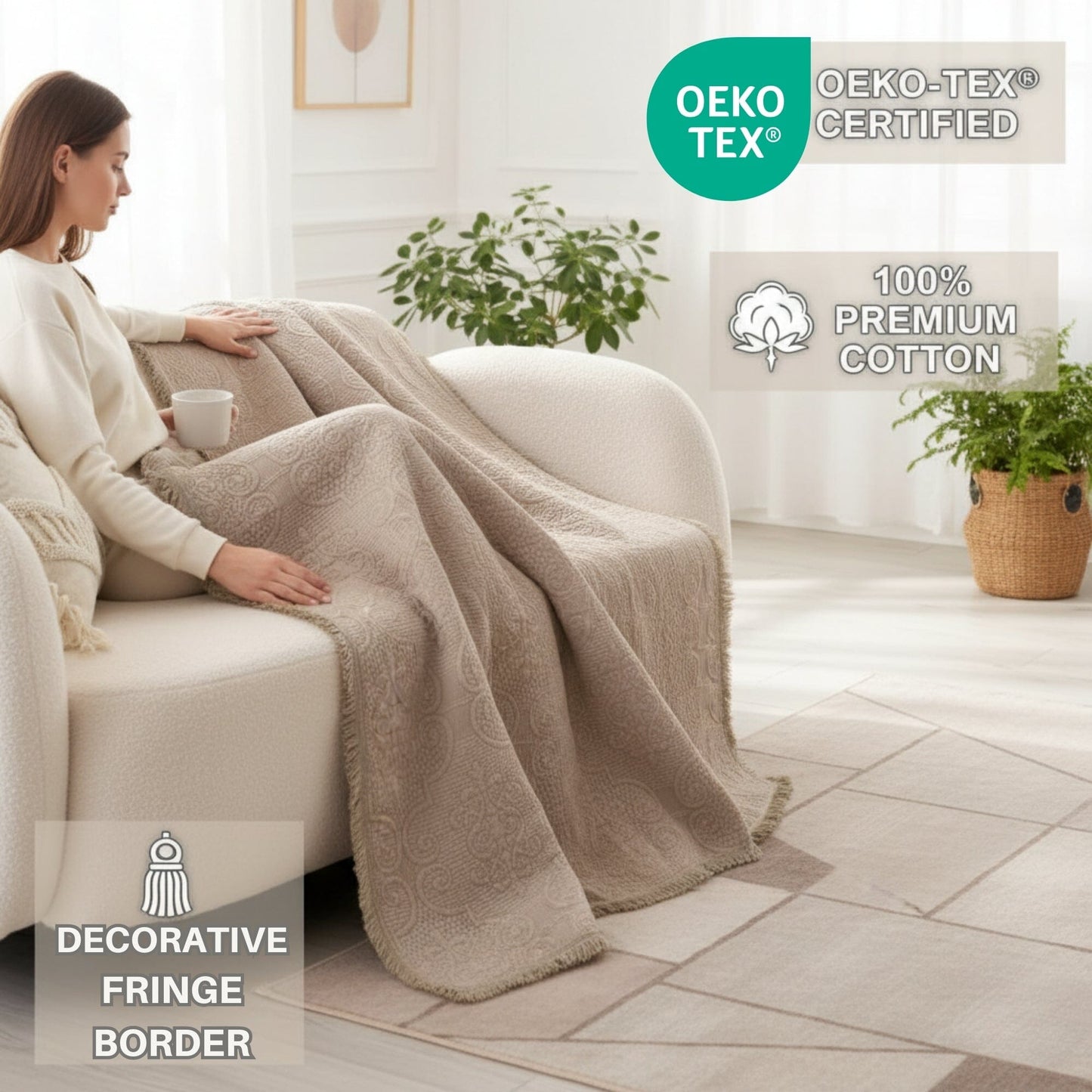 DaDa Bedding Elegant Fringed Cotton Quilted Throw Blanket - Luxurious Solid Soft Paisley Pattern, Cozy Lightweight Lap Throw, Perfect for Couch or Bed, Neutral Sandy Taupe Tan Beige, 50x60 Inches-1