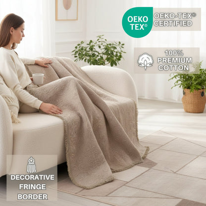 DaDa Bedding Elegant Fringed Cotton Quilted Throw Blanket - Luxurious Solid Soft Paisley Pattern, Cozy Lightweight Lap Throw, Perfect for Couch or Bed, Neutral Sandy Taupe Tan Beige, 50x60 Inches-1