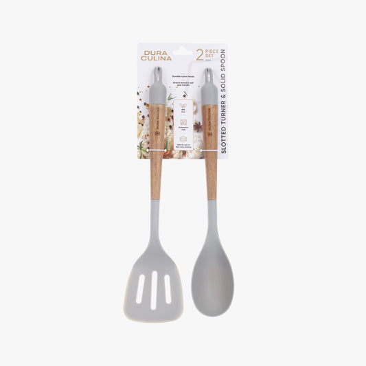 2-Piece Solid Spoon & Slotted Turner Set –Acacia Wood Handles, Non-Stick Safe Nylon Heads, Soft Grip Handles, Heat Resistant-0