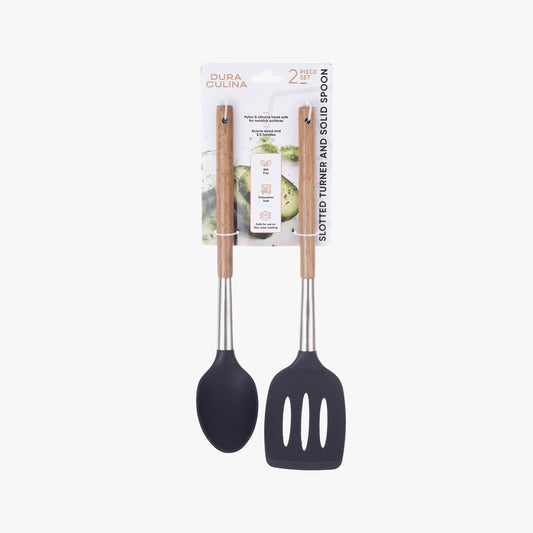 2-Piece Solid Spoon & Slotted Turner Set - Acacia Wood & Stainless Steel Handles, Silicone Heads, Non-Stick Safe, Black-0