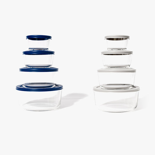 16 Piece Set (8 Containers + 8 Lids) Round Nesting Glass Storage Containers, Blue-0