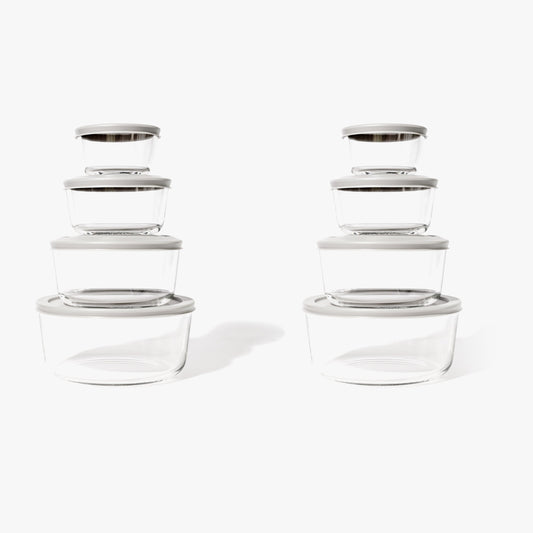 16 Piece Set (8 Containers + 8 Lids) Round Nesting Glass Storage Containers, White-0