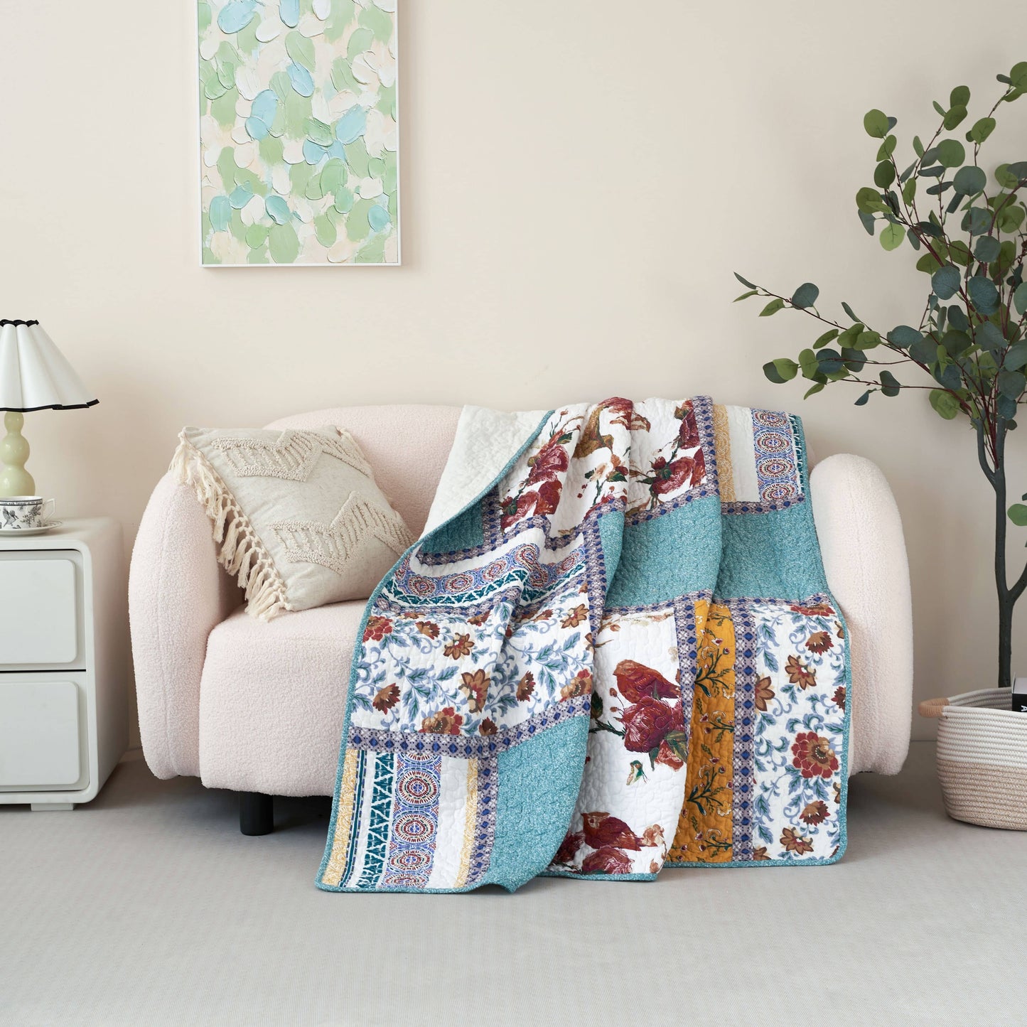 Tache Cotton Patchwork Old World Garden Pastel Blue Yellow Red Hummingbirds Quilted Throw Blanket (JHW-936)-1