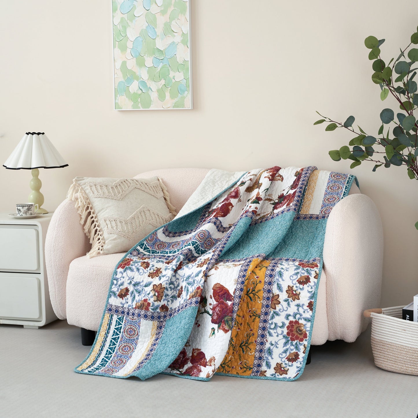 Tache Cotton Patchwork Old World Garden Pastel Blue Yellow Red Hummingbirds Quilted Throw Blanket (JHW-936)-2