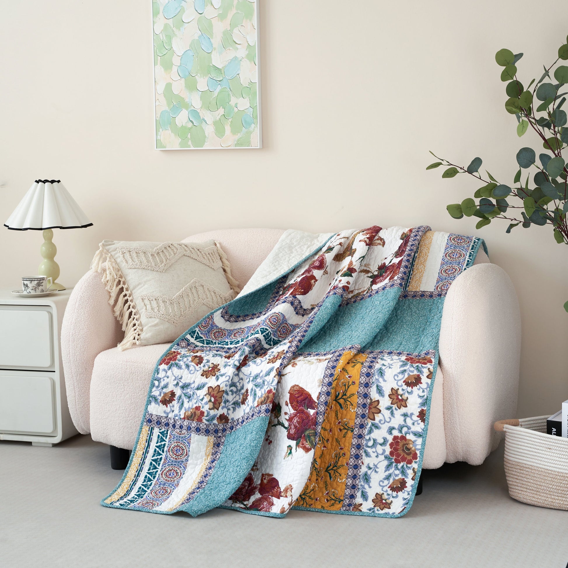 Tache Cotton Patchwork Old World Garden Pastel Blue Yellow Red Hummingbirds Quilted Throw Blanket (JHW-936)-2