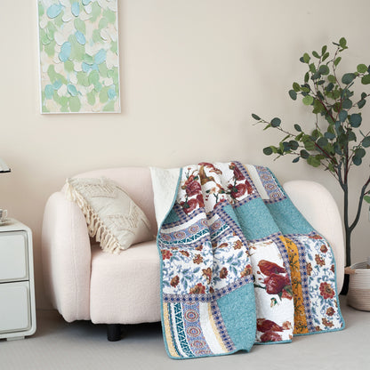 Tache Cotton Patchwork Old World Garden Pastel Blue Yellow Red Hummingbirds Quilted Throw Blanket (JHW-936)-3