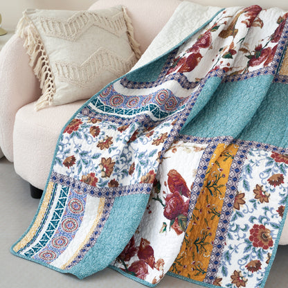 Tache Cotton Patchwork Old World Garden Pastel Blue Yellow Red Hummingbirds Quilted Throw Blanket (JHW-936)-4