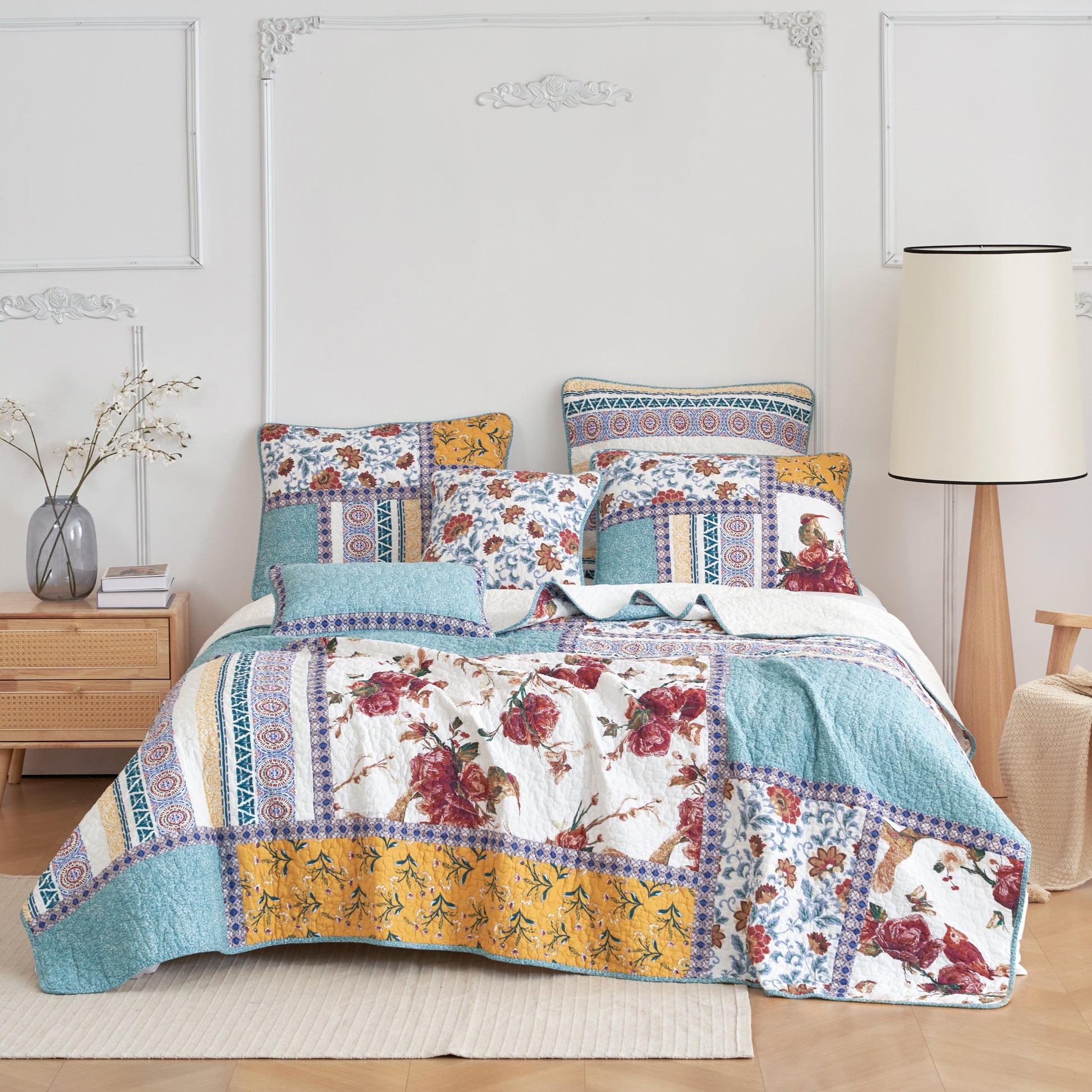 Tache Old World Garden Pastel Blue Yellow Red Hummingbirds Cotton Patchwork Quilt Set (JHW-936)-5